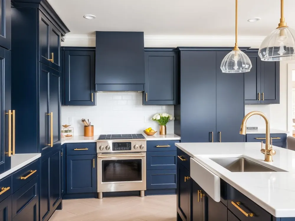 After: navy custom kitchen with brass hardware and quartz island