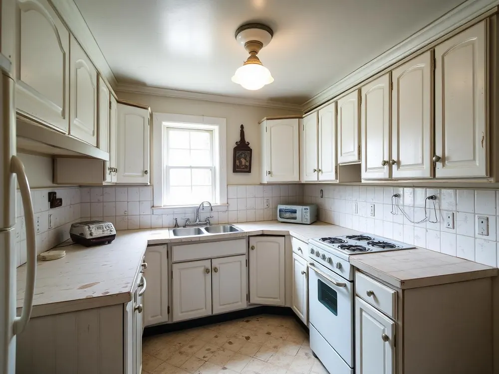 Before: worn kitchen before remodeling